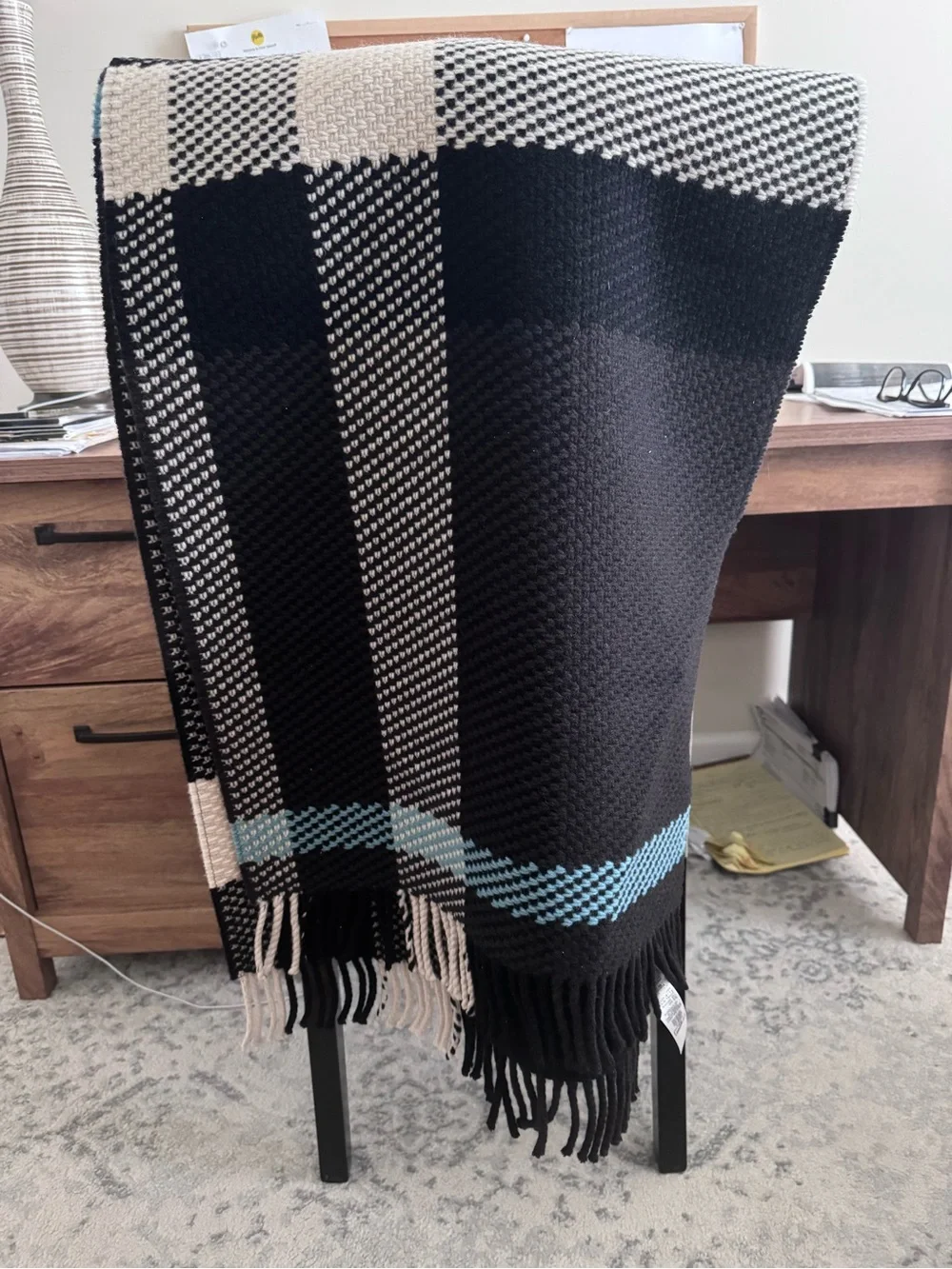 Burberry Black & White Throw Blanket with Teal Accents